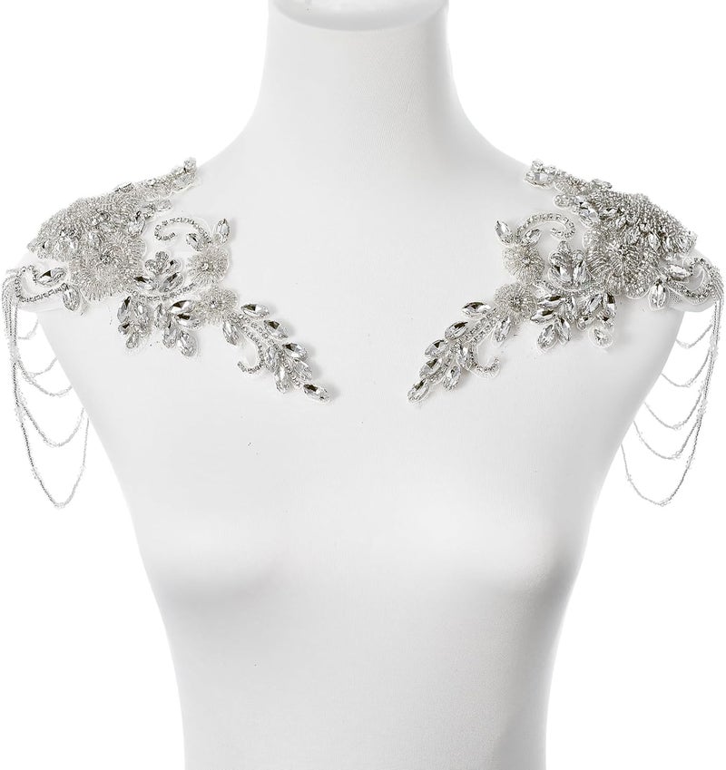 amusediy White Pair Beaded Rhinestones Applique Embellishment for Clothes,Epaulettes Shoulder Patches Sew-on Diamond Sequin Applique for Wedding Dress DIY Accessories - Image 1